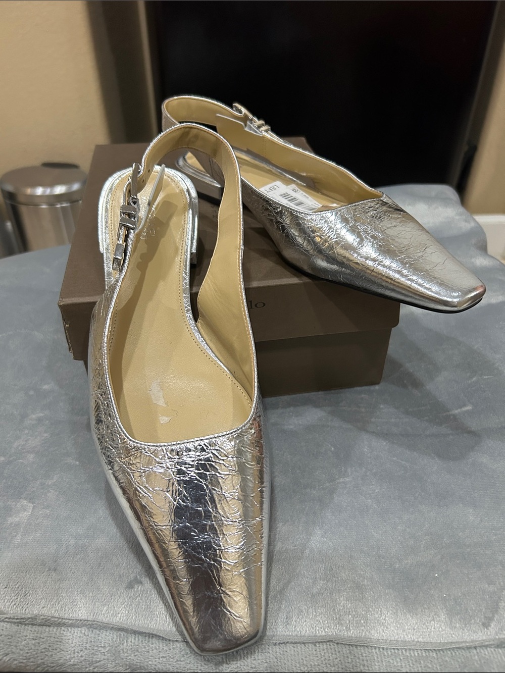 Michael Kors Silver Crinkled Leather Slingback Pointed Flats Metallic Silver